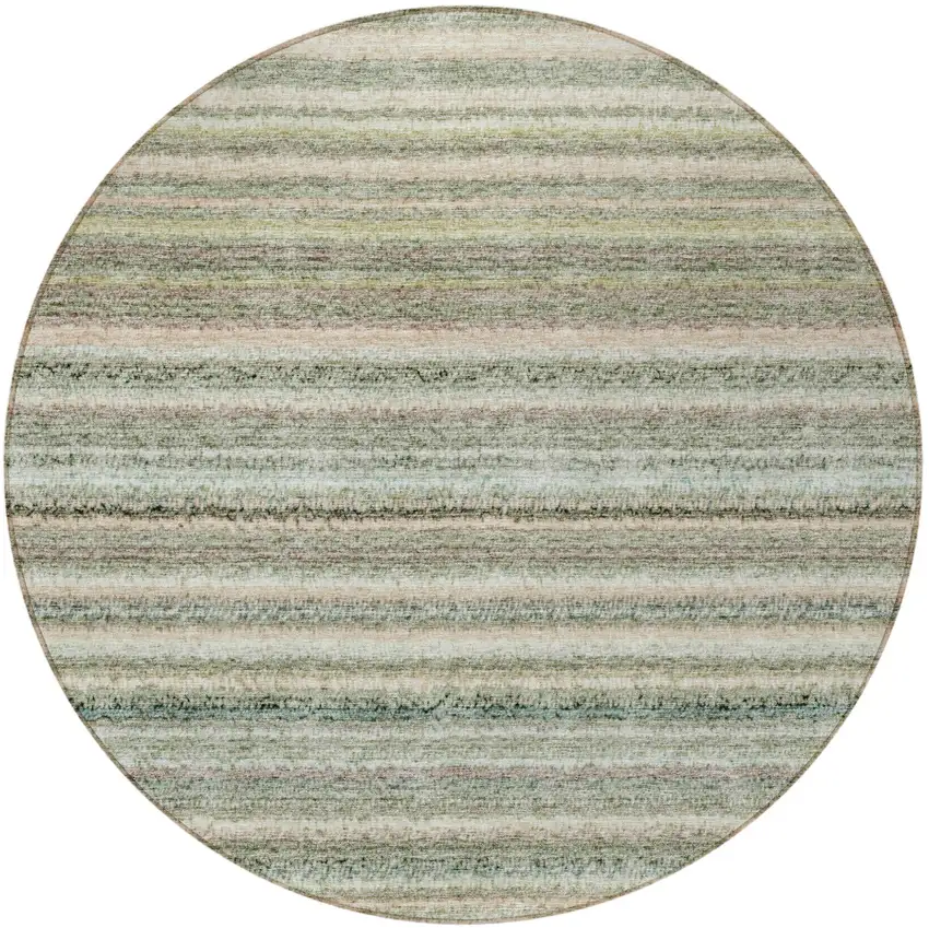 8' Sage Mint Green And Beige Round Striped Washable Indoor Outdoor Area Rug Photo 5