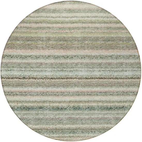 8' Sage Mint Green And Beige Round Striped Washable Indoor Outdoor Area Rug Photo 5