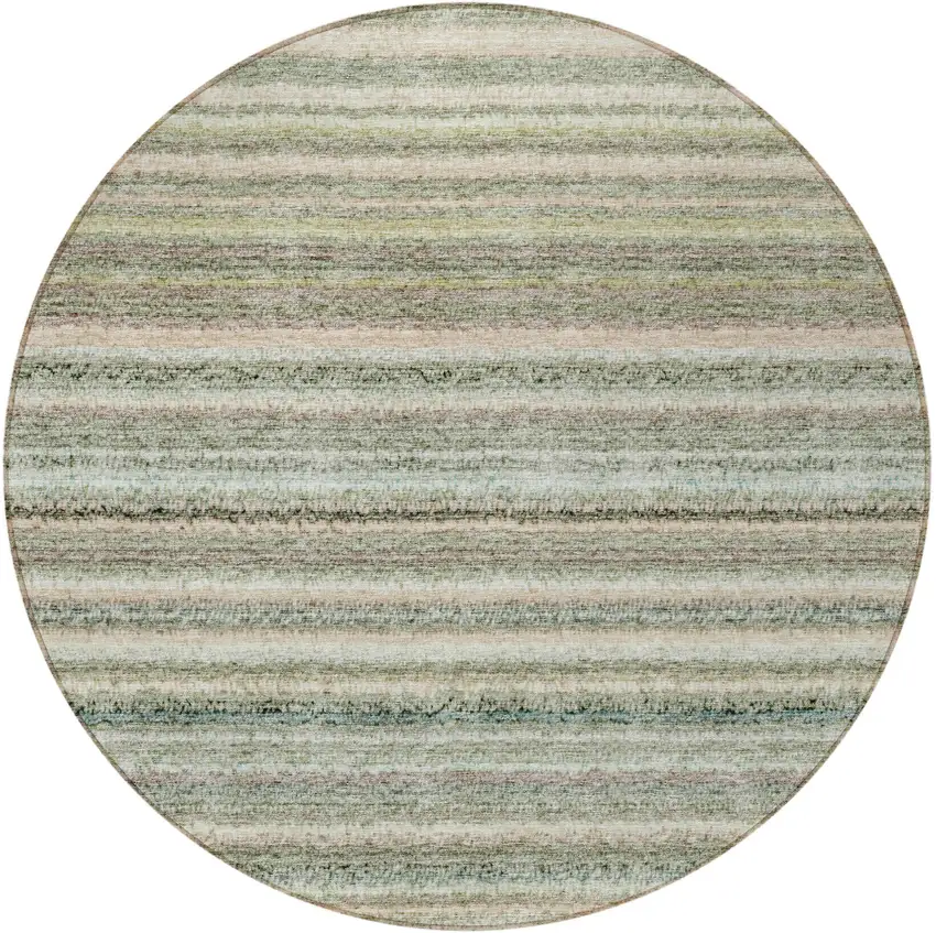 8' Sage Mint Green And Beige Round Striped Washable Indoor Outdoor Area Rug Photo 5