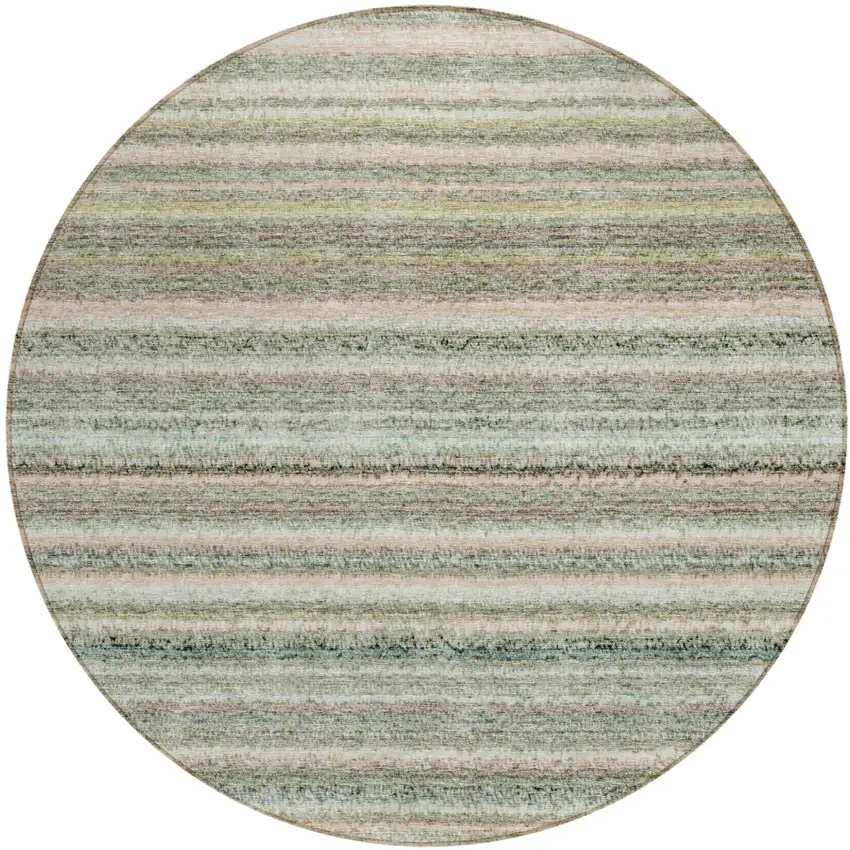 8' Sage Mint Green And Beige Round Striped Washable Indoor Outdoor Area Rug Photo 2