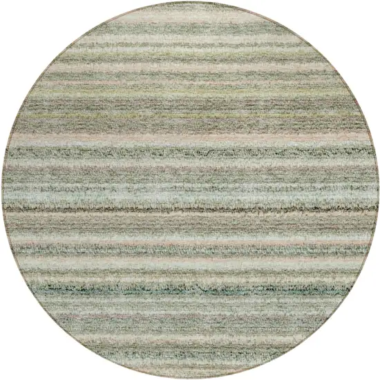 8' Sage Mint Green And Beige Round Striped Washable Indoor Outdoor Area Rug Photo 2