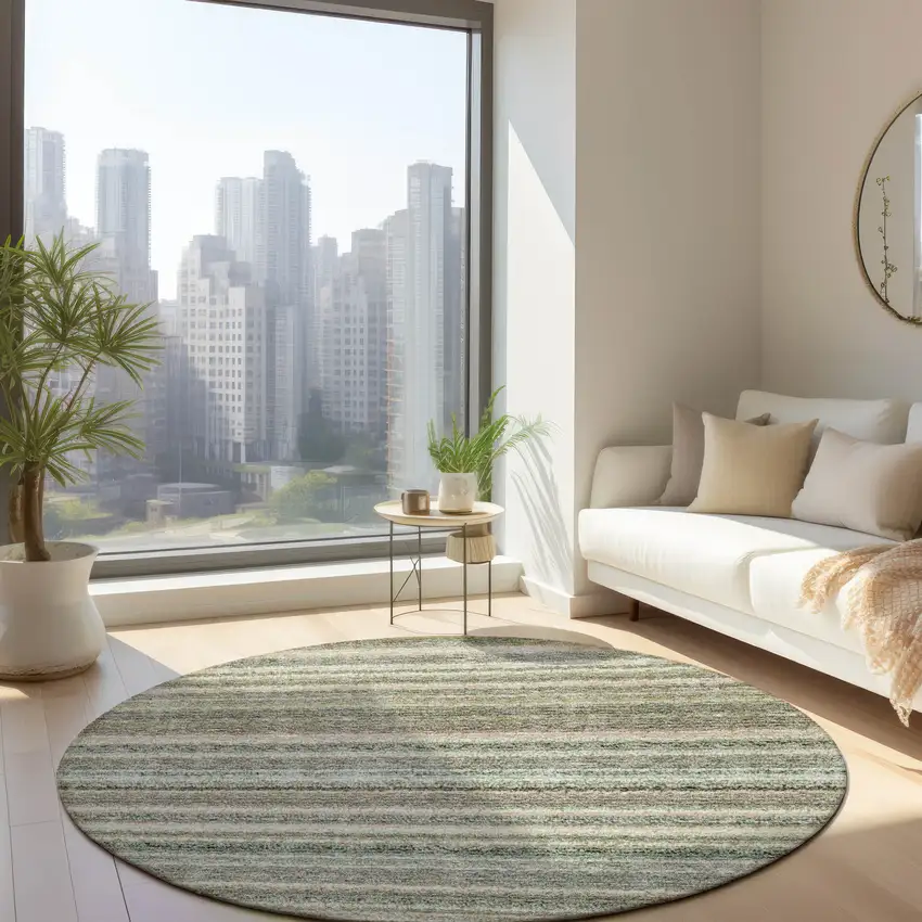 8' Sage Mint Green And Beige Round Striped Washable Indoor Outdoor Area Rug Photo 7