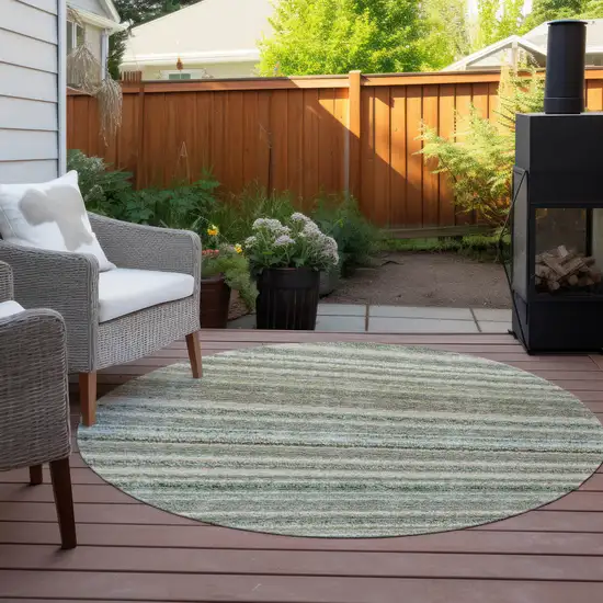 8' Sage Mint Green And Beige Round Striped Washable Indoor Outdoor Area Rug Photo 6