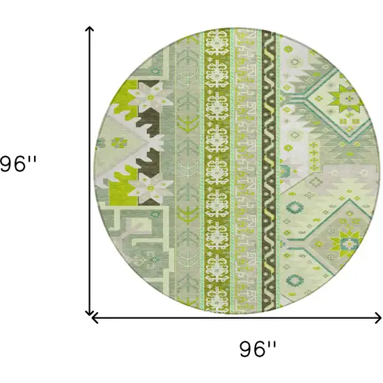 8' Sage Olive Green And Ivory Round Aztec Washable Indoor Outdoor Area Rug Photo 3