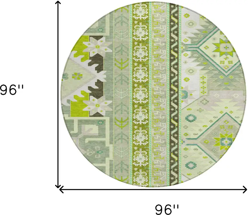 8' Sage Olive Green And Ivory Round Aztec Washable Indoor Outdoor Area Rug Photo 3