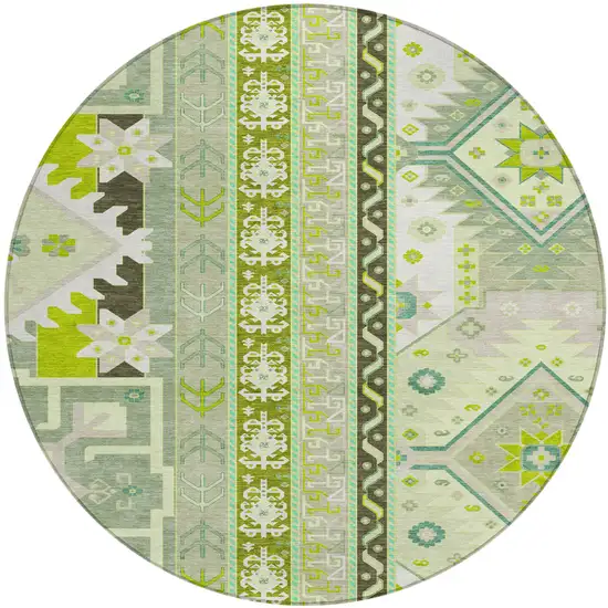 8' Sage Olive Green And Ivory Round Aztec Washable Indoor Outdoor Area Rug Photo 2
