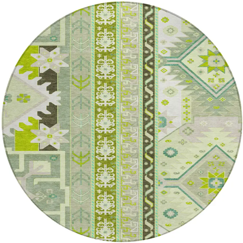 8' Sage Olive Green And Ivory Round Aztec Washable Indoor Outdoor Area Rug Photo 2