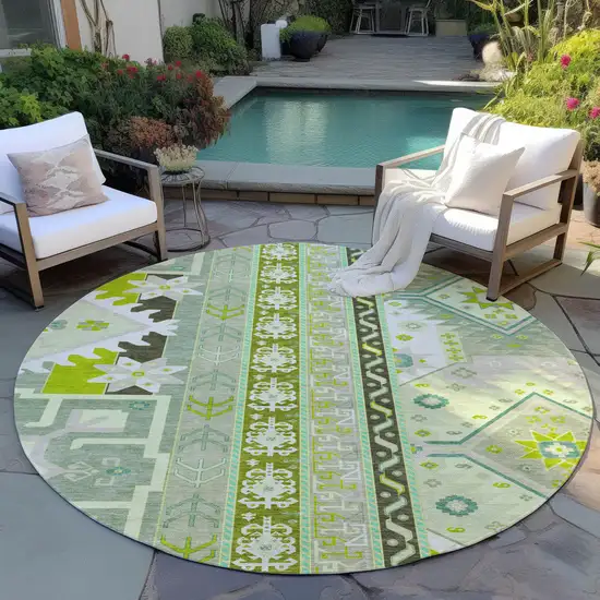 8' Sage Olive Green And Ivory Round Aztec Washable Indoor Outdoor Area Rug Photo 7