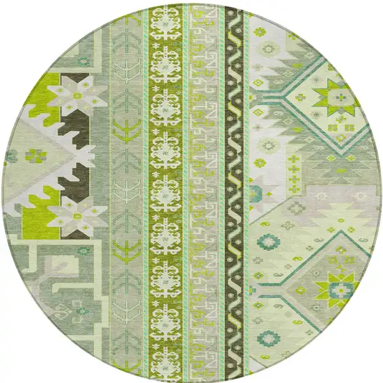 8' Sage Olive Green And Ivory Round Aztec Washable Indoor Outdoor Area Rug Photo 6