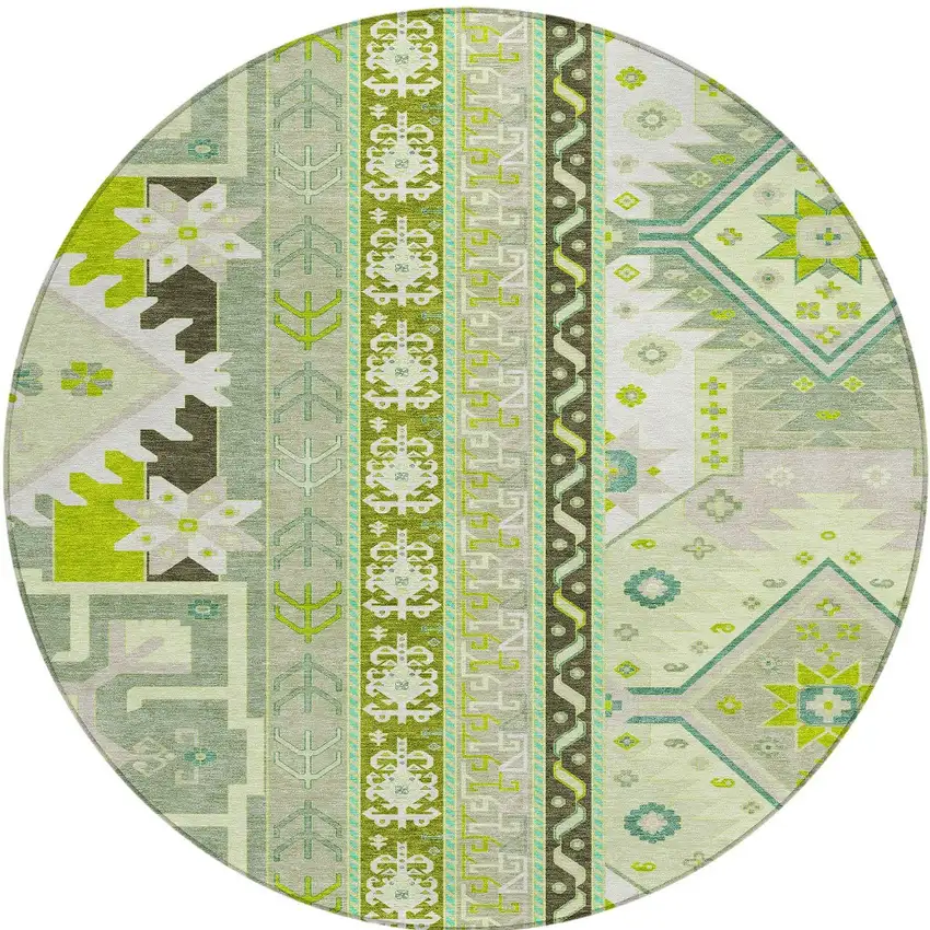 8' Sage Olive Green And Ivory Round Aztec Washable Indoor Outdoor Area Rug Photo 6