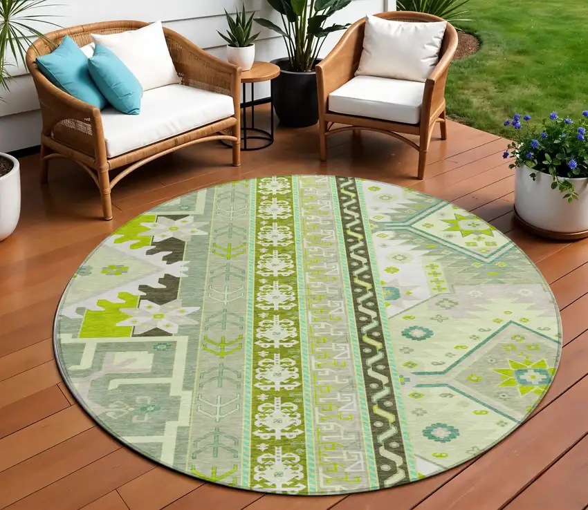 8' Sage Olive Green And Ivory Round Aztec Washable Indoor Outdoor Area Rug Photo 1