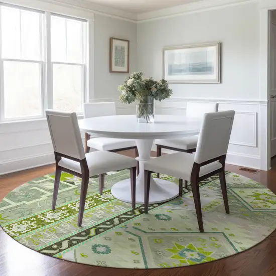 8' Sage Olive Green And Ivory Round Aztec Washable Indoor Outdoor Area Rug Photo 8
