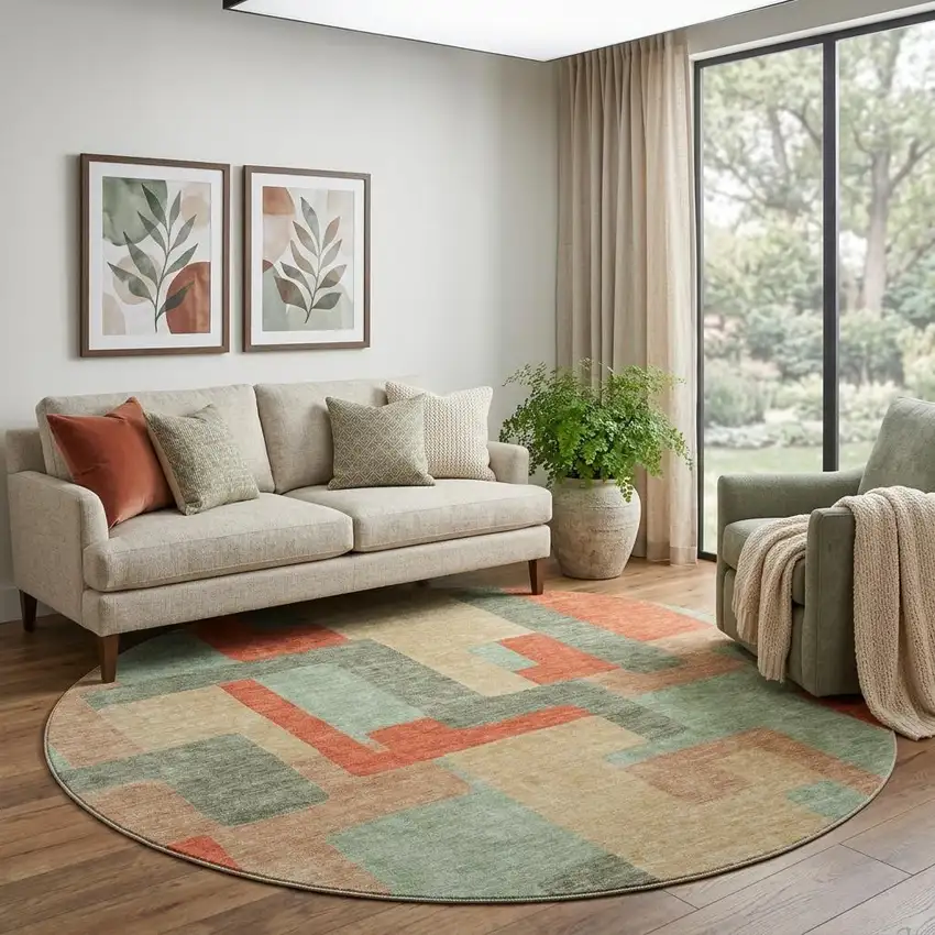 8' Sage Orange And Beige Geometric Washable Round Rug With UV Protection Photo 1