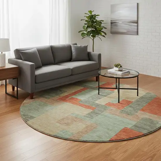 8' Sage Orange And Beige Geometric Washable Round Rug With UV Protection Photo 2