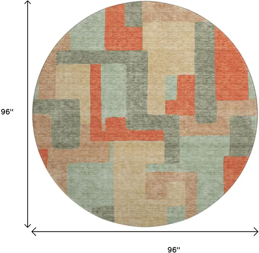 8' Sage Orange And Beige Geometric Washable Round Rug With UV Protection Photo 9