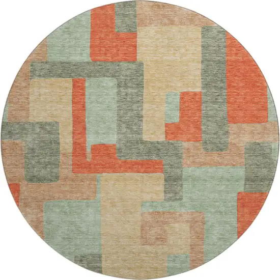 8' Sage Orange And Beige Geometric Washable Round Rug With UV Protection Photo 1