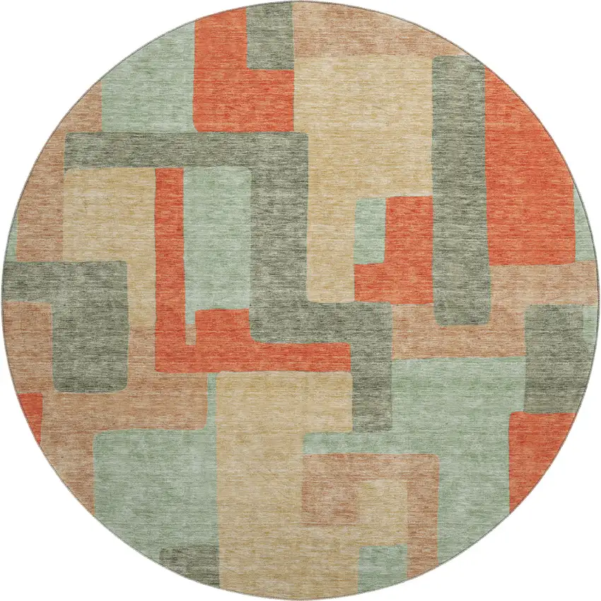 8' Sage Orange And Beige Geometric Washable Round Rug With UV Protection Photo 1
