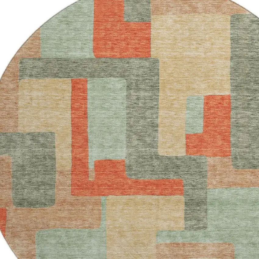 8' Sage Orange And Beige Geometric Washable Round Rug With UV Protection Photo 2