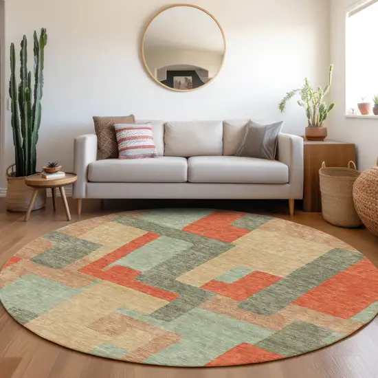 8' Sage Orange And Beige Geometric Washable Round Rug With UV Protection Photo 4