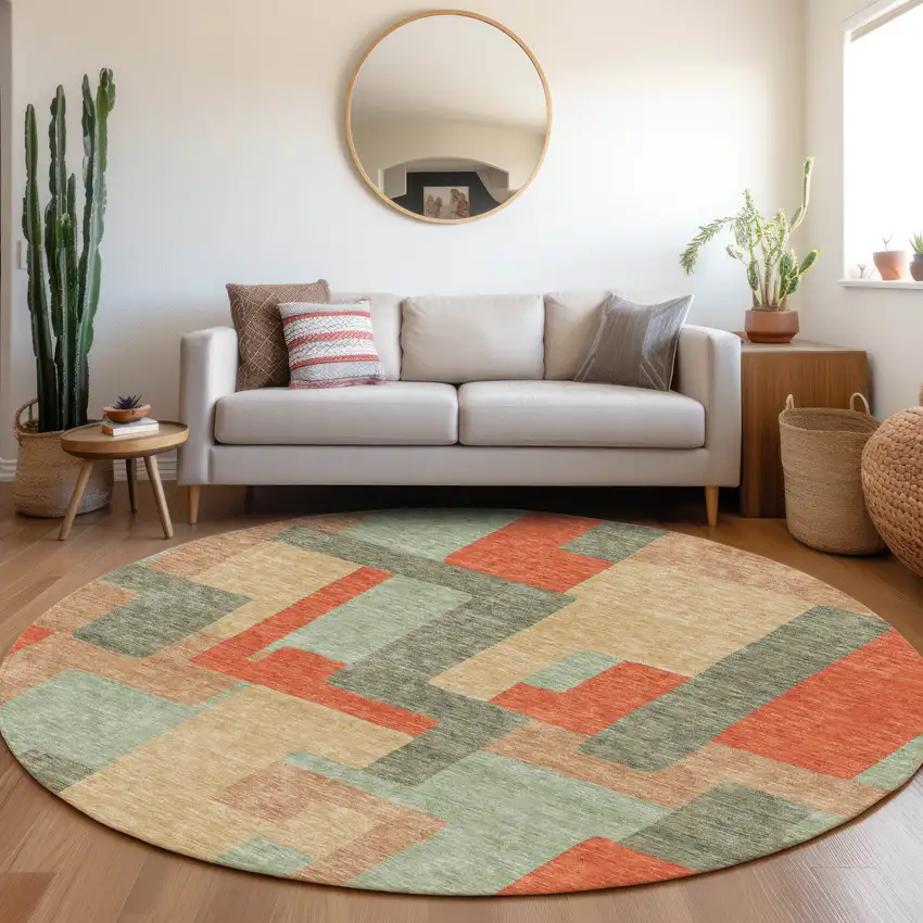 8' Sage Orange And Beige Geometric Washable Round Rug With UV Protection Photo 4