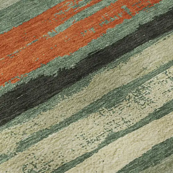 8' Sage Orange And Beige Striped Washable Round Rug With UV Protection Photo 8