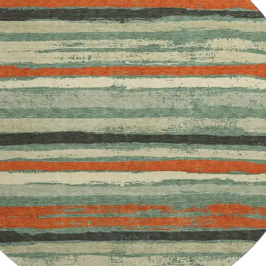 8' Sage Orange And Beige Striped Washable Round Rug With UV Protection Photo 2