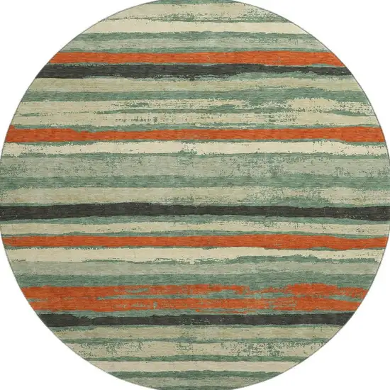 8' Sage Orange And Beige Striped Washable Round Rug With UV Protection Photo 3