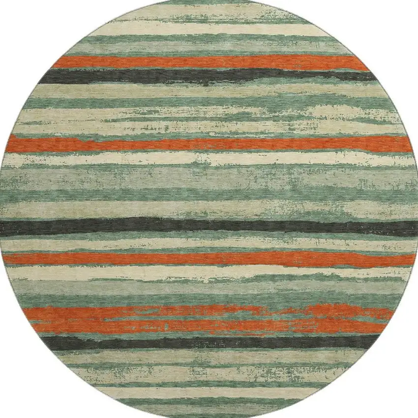 8' Sage Orange And Beige Striped Washable Round Rug With UV Protection Photo 3