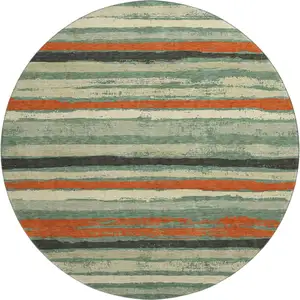 Photo of 8' Sage Orange And Beige Striped Washable Round Rug With UV Protection