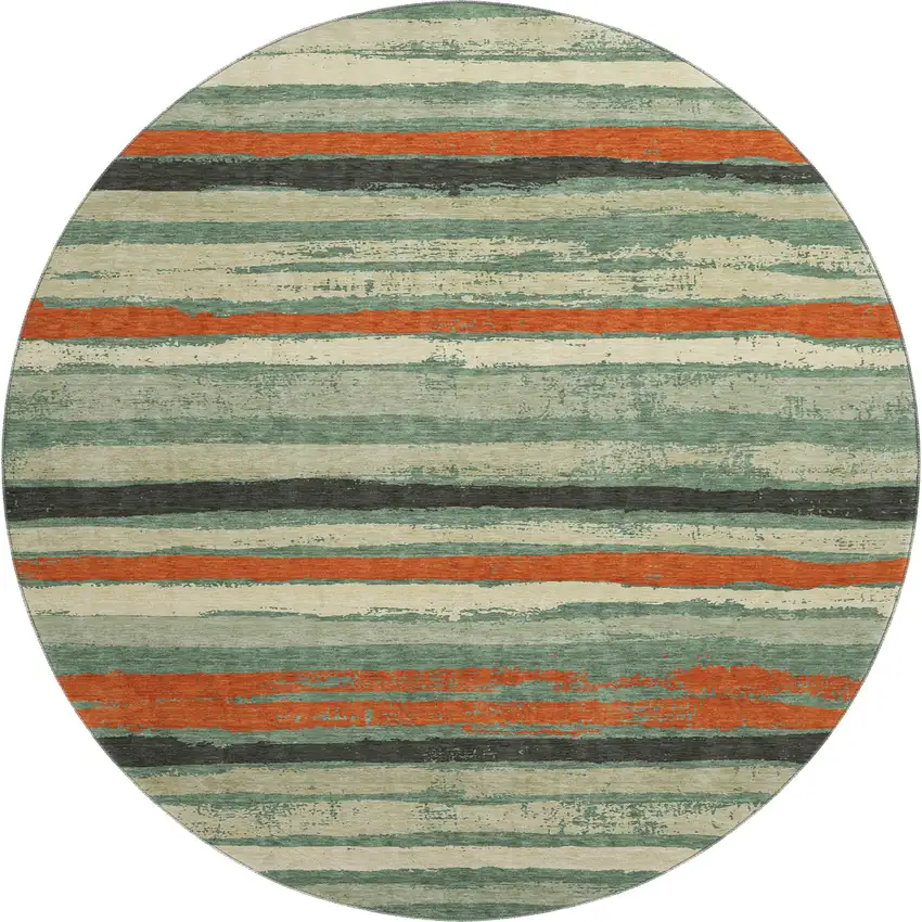 8' Sage Orange And Beige Striped Washable Round Rug With UV Protection Photo 1