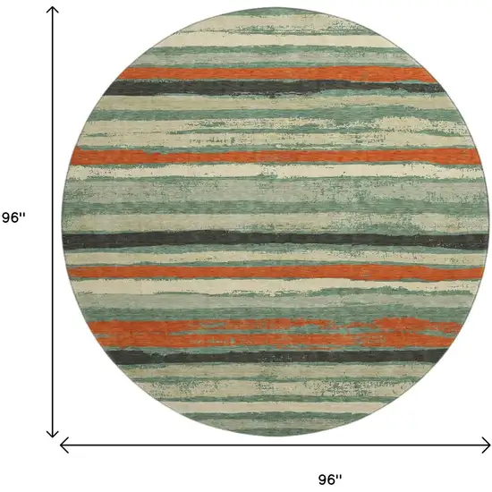 8' Sage Orange And Beige Striped Washable Round Rug With UV Protection Photo 9