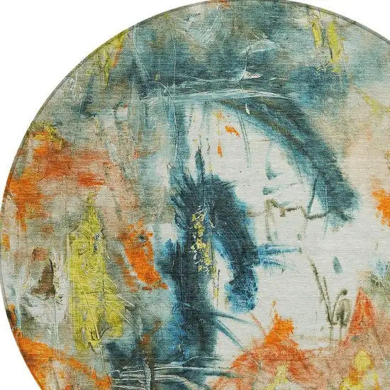 8' Sage Orange And Yellow Round Abstract Washable Indoor Outdoor Area Rug Photo 6