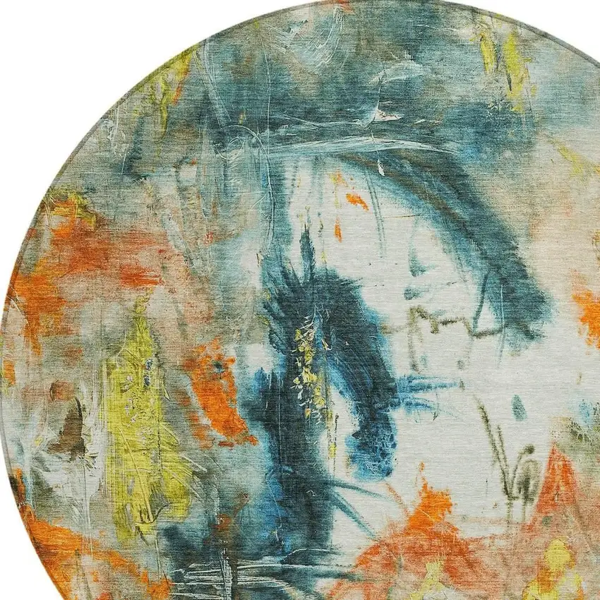 8' Sage Orange And Yellow Round Abstract Washable Indoor Outdoor Area Rug Photo 6