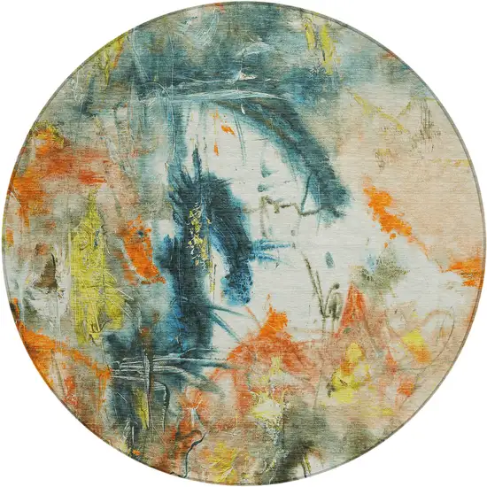 8' Sage Orange And Yellow Round Abstract Washable Indoor Outdoor Area Rug Photo 1