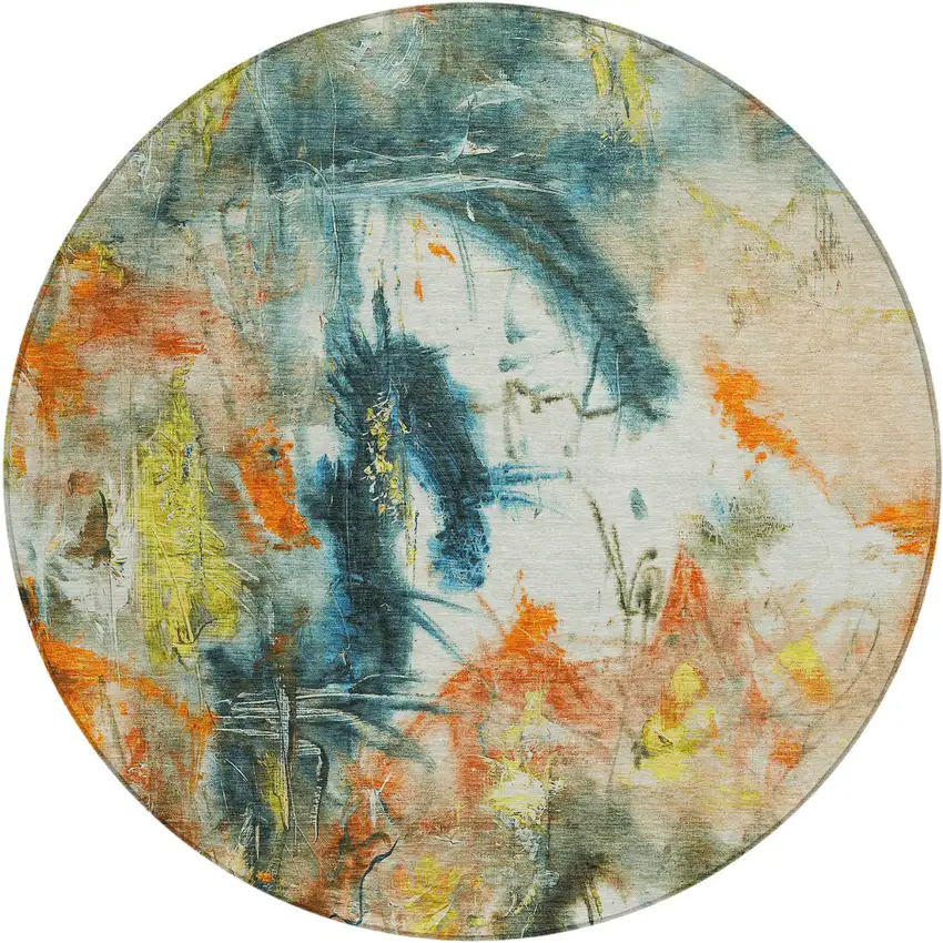 8' Sage Orange And Yellow Round Abstract Washable Indoor Outdoor Area Rug Photo 1