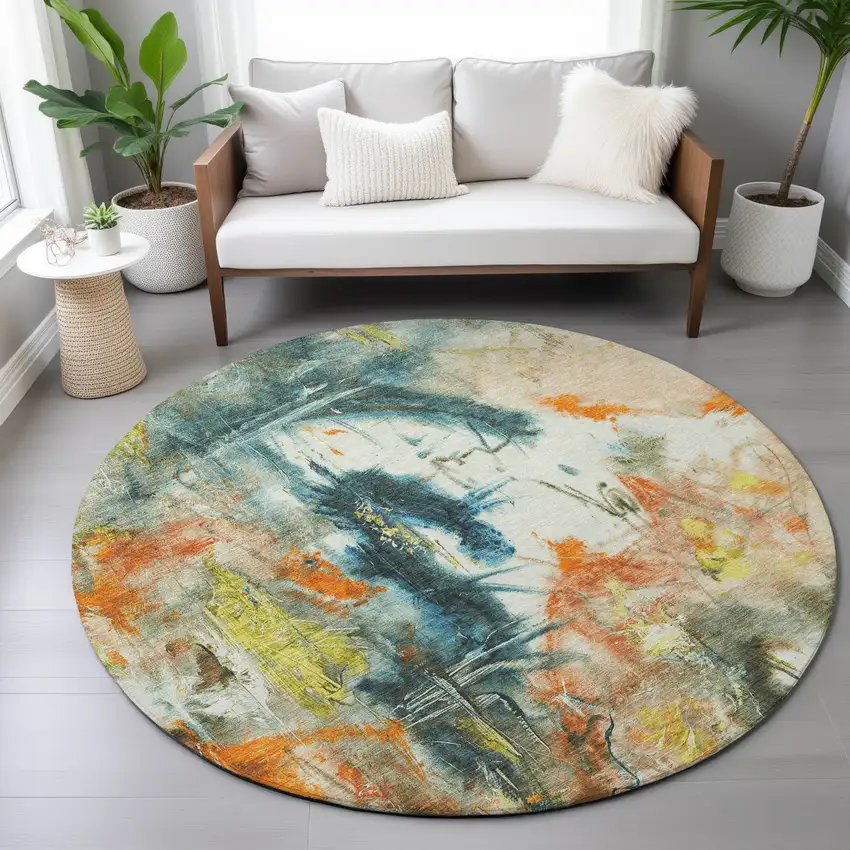 8' Sage Orange And Yellow Round Abstract Washable Indoor Outdoor Area Rug Photo 9