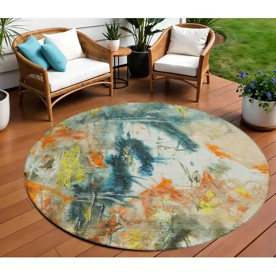 8' Sage Orange And Yellow Round Abstract Washable Indoor Outdoor Area Rug Photo 2