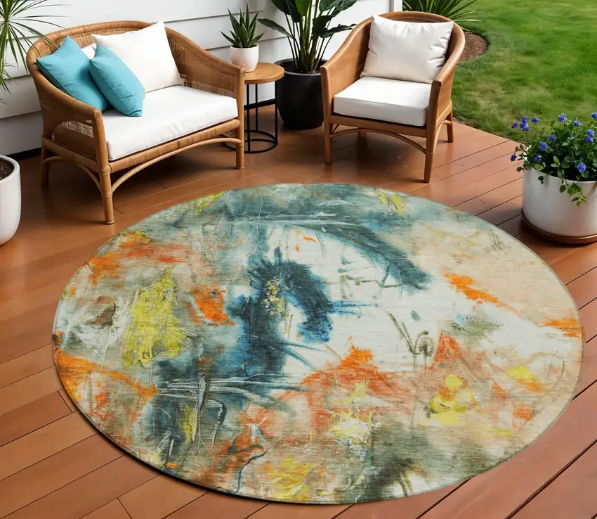 8' Sage Orange And Yellow Round Abstract Washable Indoor Outdoor Area Rug Photo 2