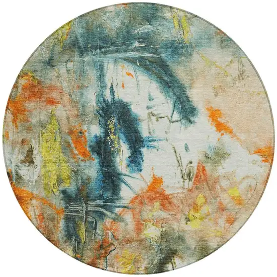 8' Sage Orange And Yellow Round Abstract Washable Indoor Outdoor Area Rug Photo 4