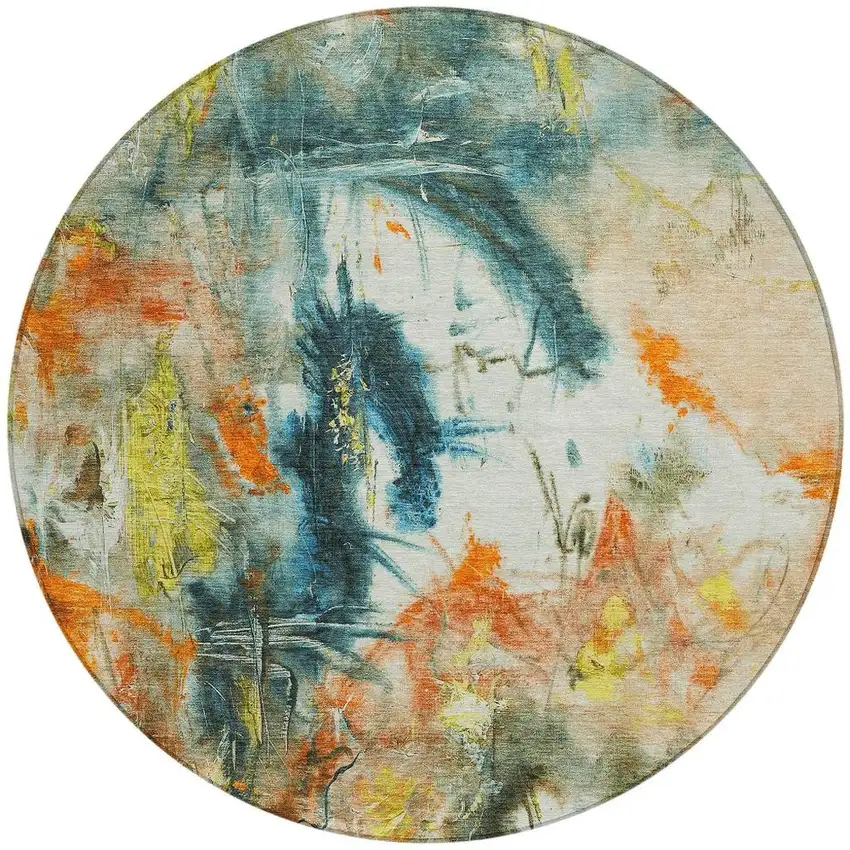 8' Sage Orange And Yellow Round Abstract Washable Indoor Outdoor Area Rug Photo 4