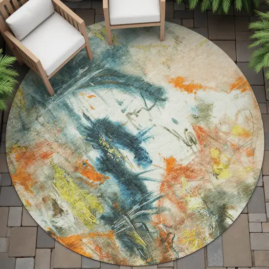 8' Sage Orange And Yellow Round Abstract Washable Indoor Outdoor Area Rug Photo 8