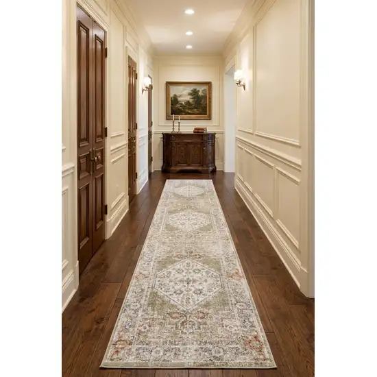 10' Sage Oriental Power Loom Distressed Washable Runner Rug Photo 1