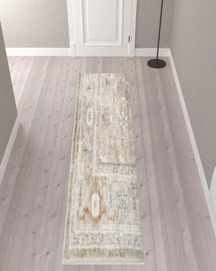 10' Sage Oriental Power Loom Distressed Washable Runner Rug Photo 2