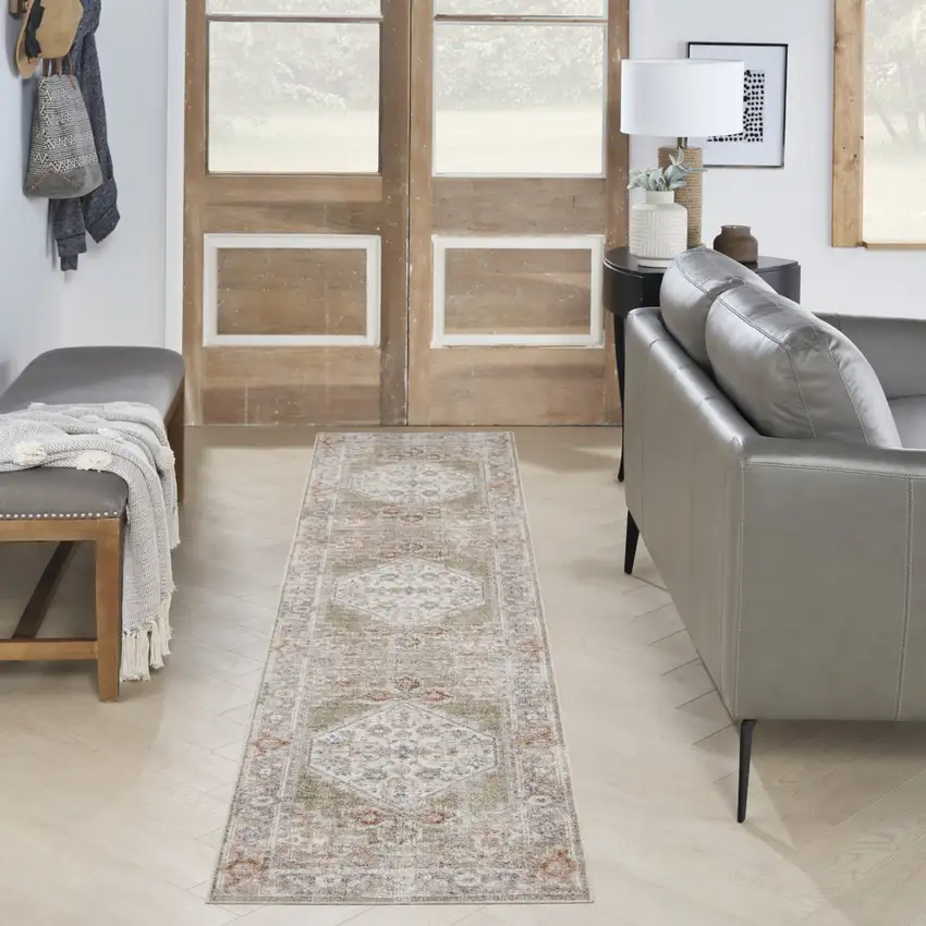 10' Sage Oriental Power Loom Distressed Washable Runner Rug Photo 8