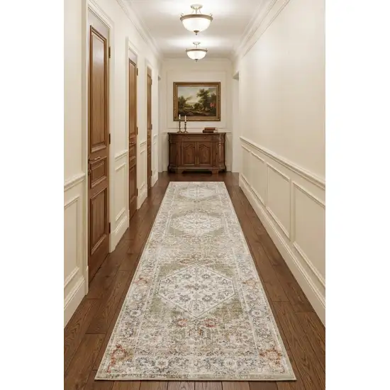 12' Sage Oriental Power Loom Distressed Washable Runner Rug Photo 1