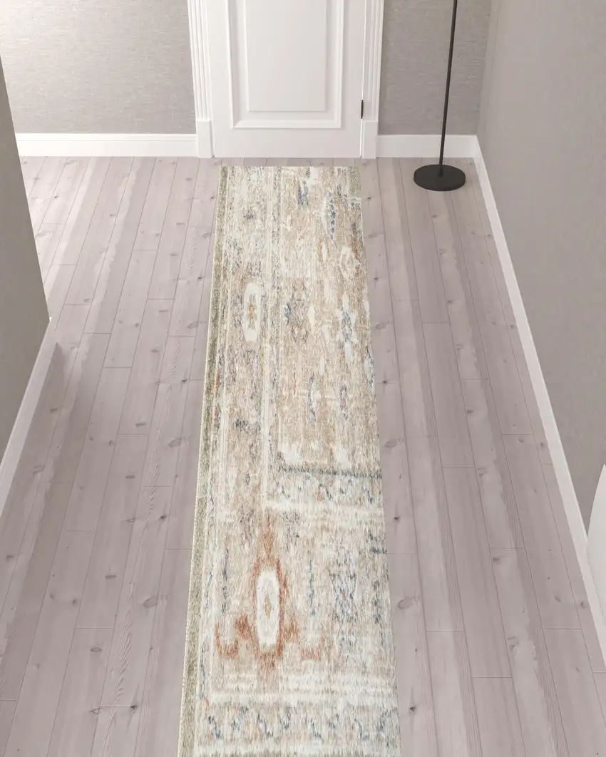 12' Sage Oriental Power Loom Distressed Washable Runner Rug Photo 2