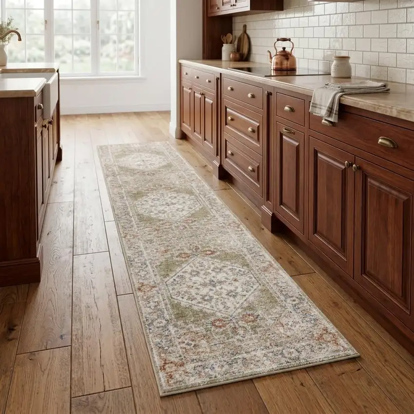 8' Sage Oriental Power Loom Distressed Washable Runner Rug Photo 1