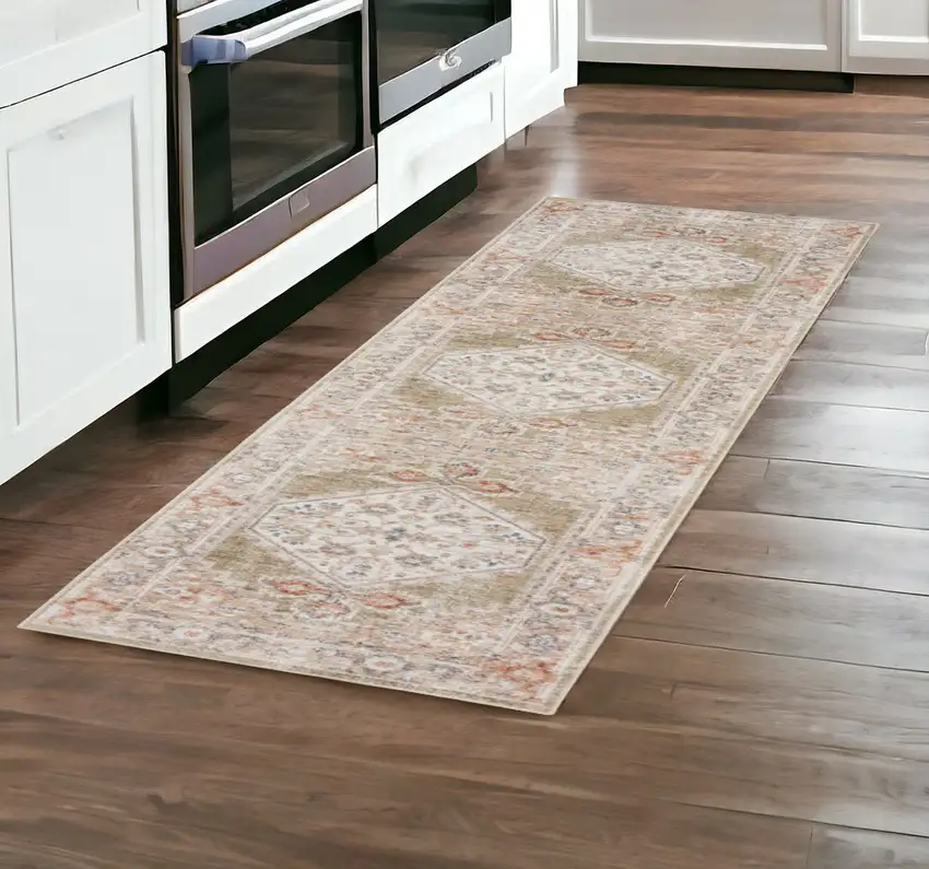 8' Sage Oriental Power Loom Distressed Washable Runner Rug Photo 2