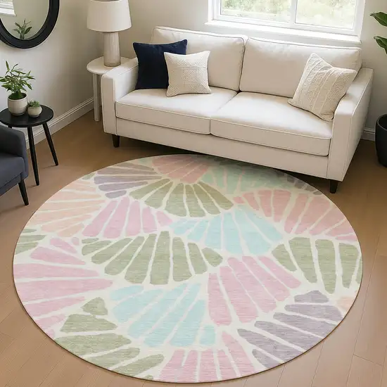 8' Sage Pink And Aqua Round Floral Washable Indoor Outdoor Area Rug Photo 5