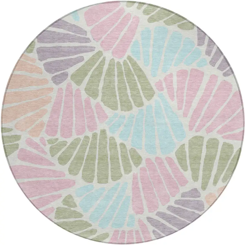 8' Sage Pink And Aqua Round Floral Washable Indoor Outdoor Area Rug Photo 1